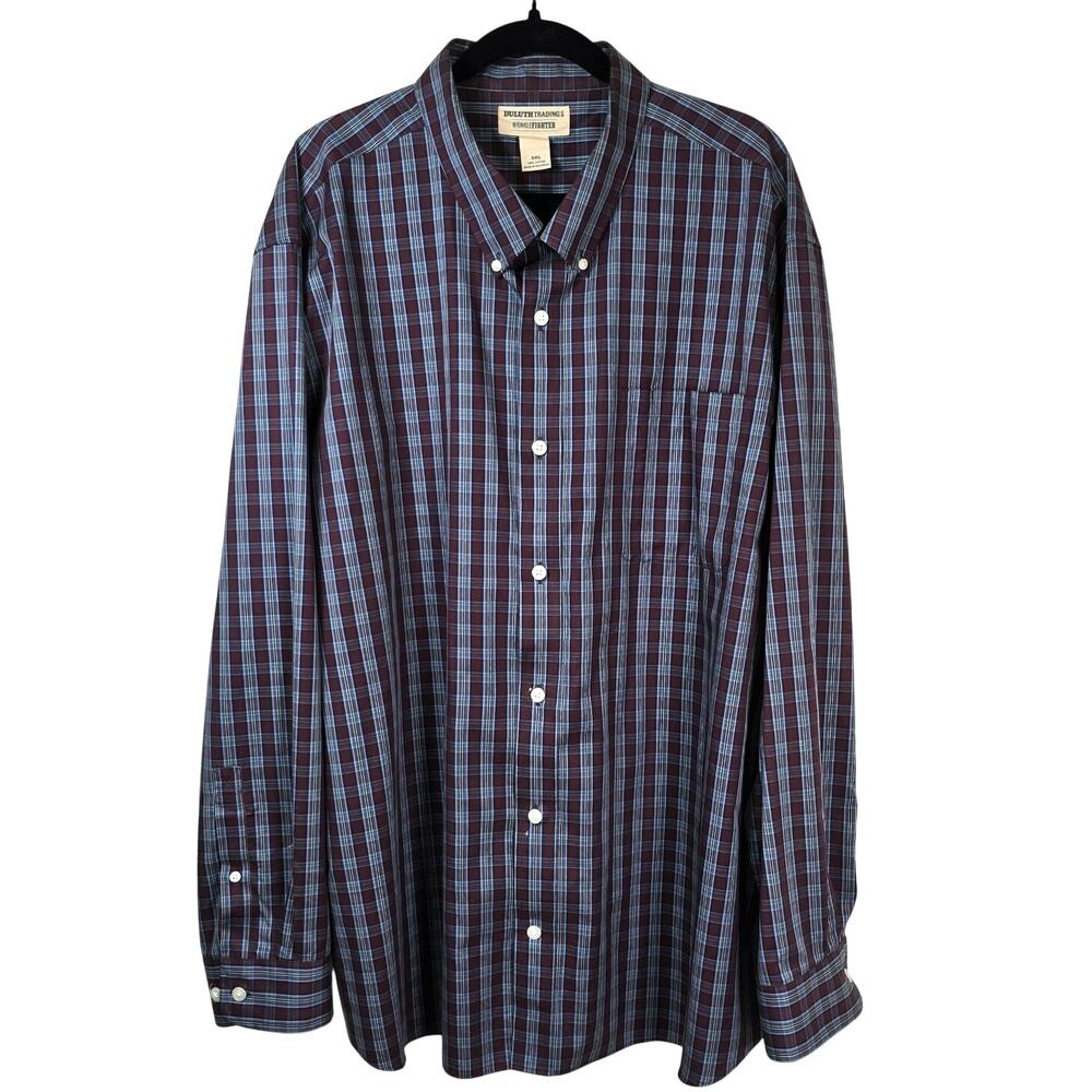 Duluth Trading Co Shirt Men's 3XL Red Blue Plaid Wrinkle Fighter Classic Casual